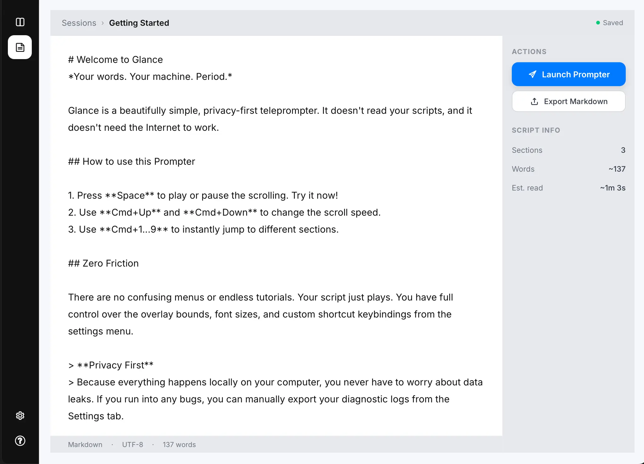 AtGlance markdown teleprompter editor interface