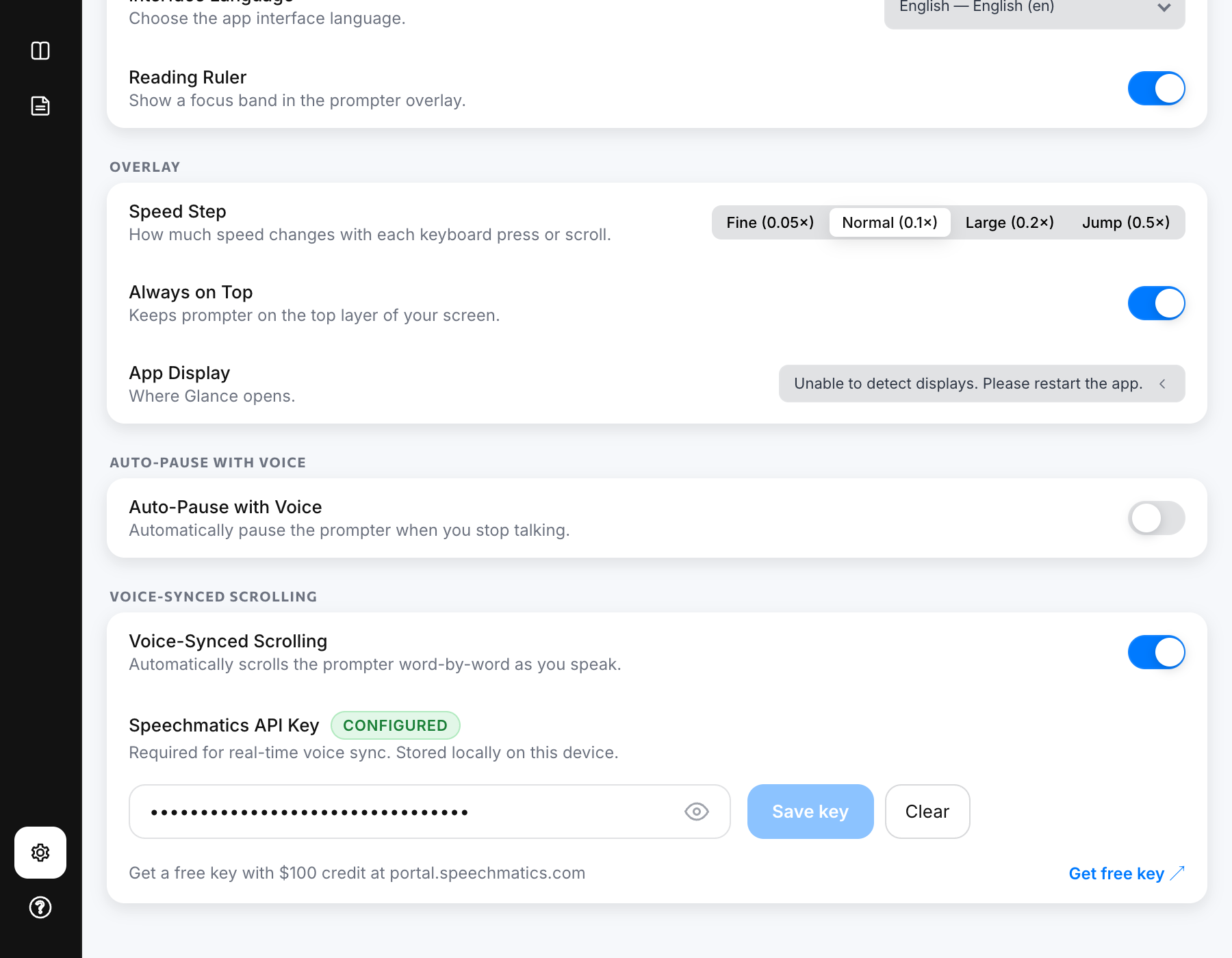Glance Settings showing Voice-Synced Scrolling toggle and API Key